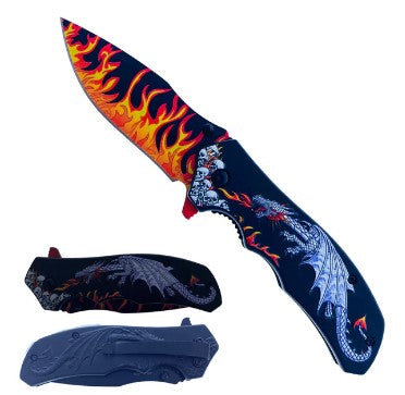 Silver Dragon Flames 3D Texture Handle Assist-Open Folding Knife