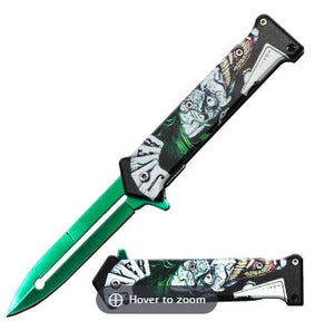 Green Blade Fantasy Print Handle Assist Folding Knife with Belt Clip