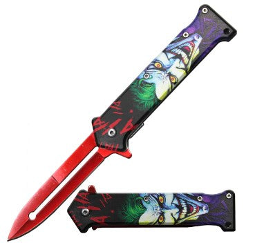 Red Blade Fantasy Print Handle Assist Folding Knife with Belt Clip