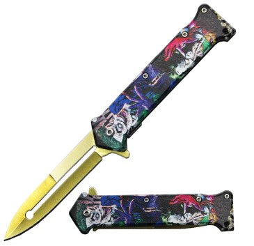 Yellow Blade Fantasy Print Handle Assist Folding Knife with Belt Clip