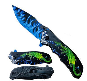 Green Dragon Flames 3D Texture Handle Assist-Open Folding Knife
