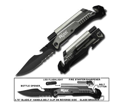 Grey Tactical Assist Open Pocket Knife with Led Light